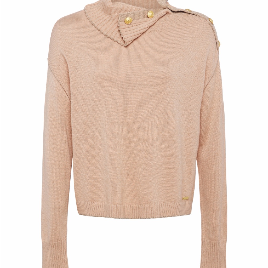 L'agence Tan Cowl Neck Sweater With Gold Buttons